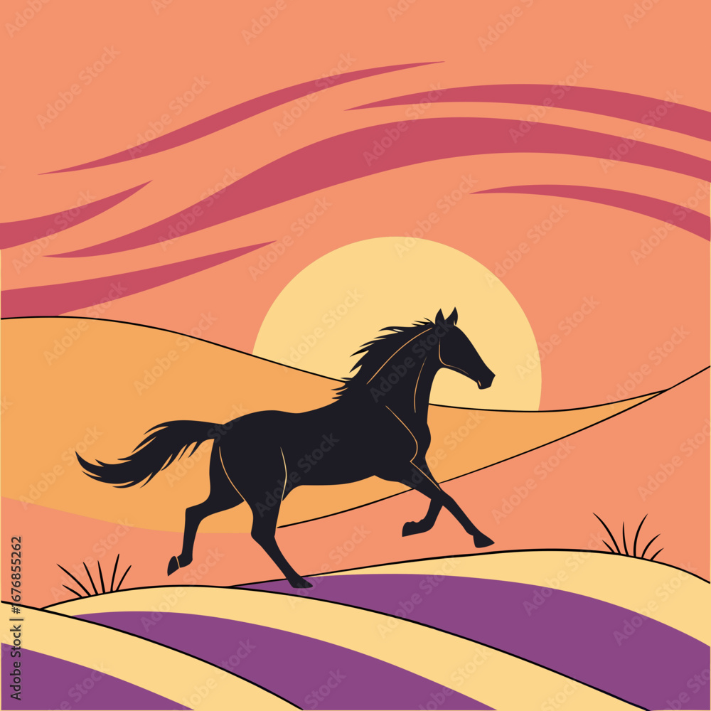 Poster silhouette of a horse running across a landscape with a sunset in the background creating a serene s