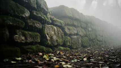 Misty mossy stone wall alongside a leafy forest floor, damp with drops of water - Powered by Adobe