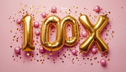 a celebratory arrangement of golden 100x foil balloons and scattered pink and gold confetti on a pastel pink background conveys a message of significant growth or achievement.