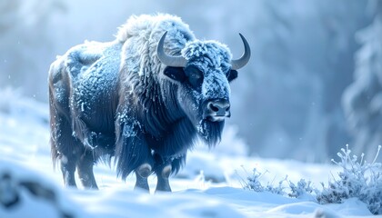 Majestic wild bison enduring the harsh winter cold, covered in frost and snow