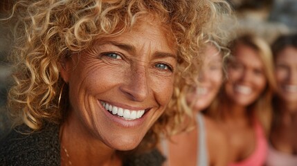 a close-up portrait of an elderly woman with curly hair smiling brightly amongst others