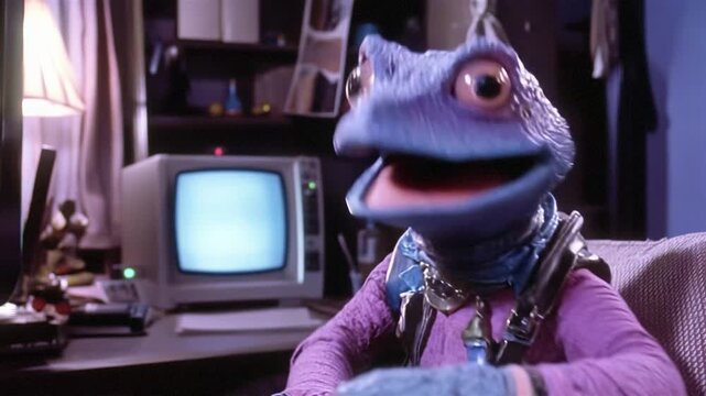 Retro funny stupid frog, movie 80s style