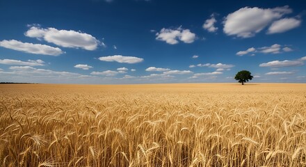 Vast golden wheat field with a solitary tree under a blue sky.