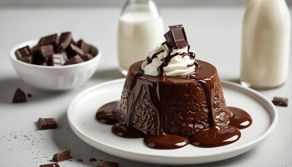 a decadent chocolate lava cake with a creamy swirl and scattered chocolate pieces is presented on a white plate alongside a bowl of chocolate chunks and two glass bottles.