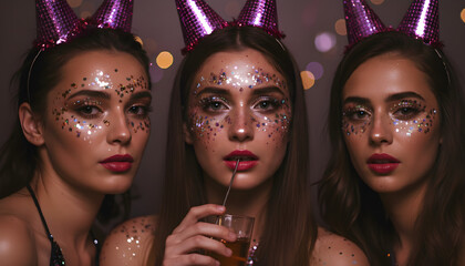 Obraz premium Friends wearing glitter makeup and party hats celebrating 