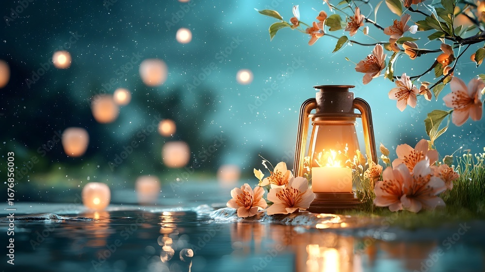 Poster glowing paper lanterns gently drifting on the serene surface of a river with their soft reflections 