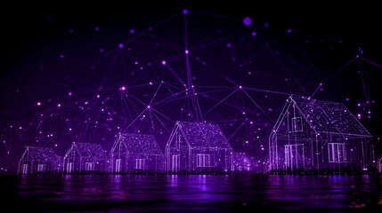 Purple network of houses connected by lines and dots in a futuristic digital landscape scene