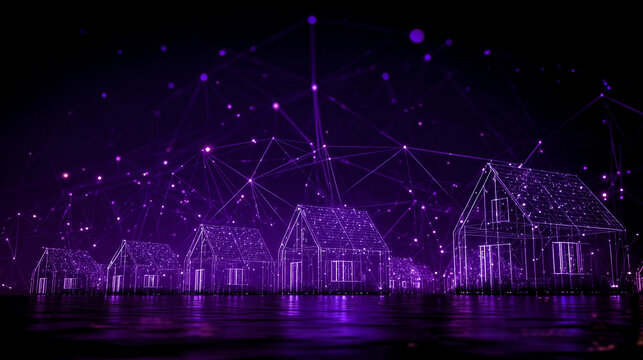 Purple network of houses connected by lines and dots in a futuristic digital landscape scene