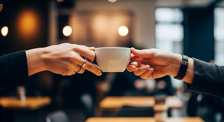Illustration of two hands exchanging a white coffee cup in a cozy cafe setting