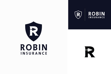 Shield with Initial Letter R and Arrow or Arrowhead as negative space simple minimalist logo design