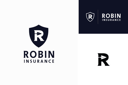 Shield with Initial Letter R and Arrow or Arrowhead as negative space simple minimalist logo design - Powered by Adobe