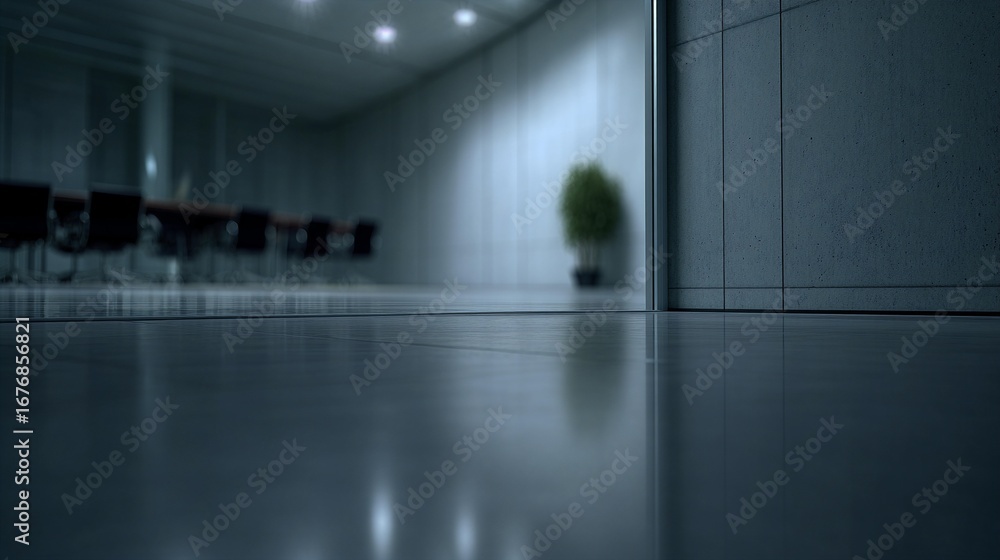 Poster a blurred image of an empty room with a plant in the background