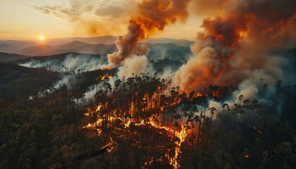 a sweeping aerial view captures a vast forest fire engulfing rows of tall trees under a smoky, orange-hued sunset sky.