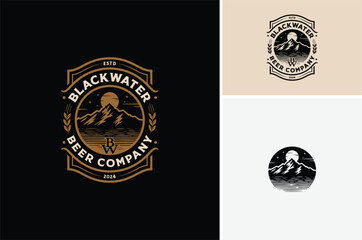 Rocky Mountain with Ocean Sea Wave or Lake and Malt Barley for Craft Beer Brewing Brewery Label Vintage logo design