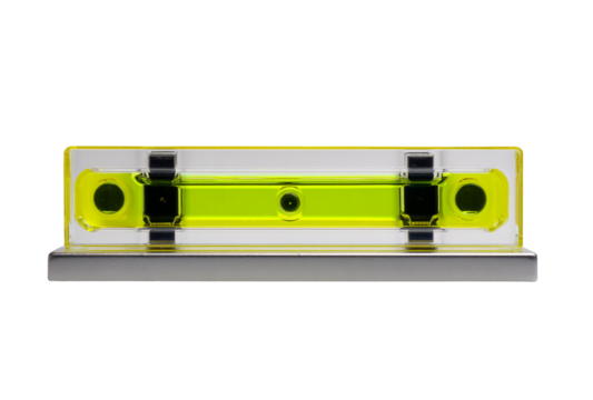 A spirit level with a bright yellow liquid and bubble isolated on a transparent background