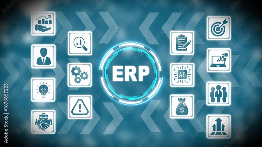 Poster erp concept with icons and futuristic digital interface on blue background enterprise resource plann