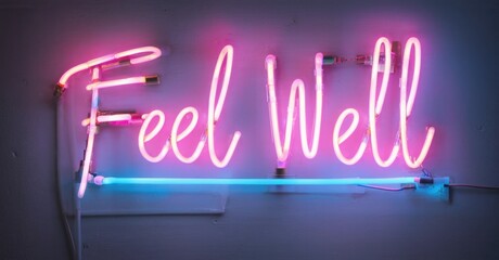 Obraz premium Neon sign displays Feel Well. Pink, blue lights illuminate white wall. Simple message, positive vibes, modern aesthetic.