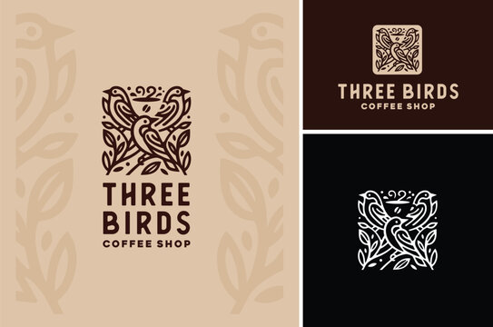 Three little birds artistic doodle with branches leaves floral ornament and coffee bean and cup as negative space for natural fresh cafe logo design - Powered by Adobe