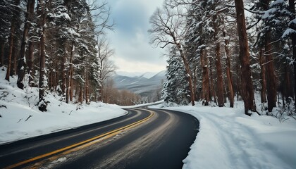 a winding road cuts through a snow-covered forest with distant, hazy mountains visible beyond the trees.