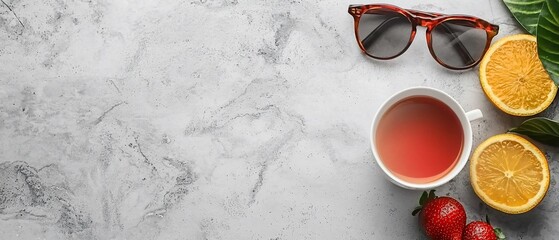 Refreshing Summer Still Life with Sunglasses, Tea, Oranges, and Strawberries