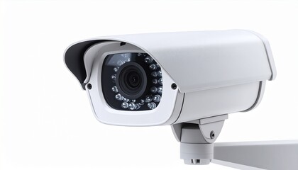 Security camera with infrared LEDs mounted on a white wall for surveillance purposes. Concept for surveillance systems, property protection and public safety