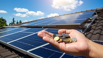Solar panel investment hand holding coins on rooftop for renewable energy savings. Concept of clean energy savings and sustainable future