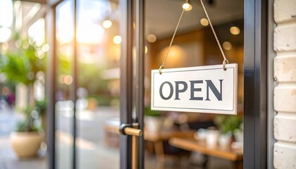 An inviting storefront displays an open sign, promising entry to a welcoming establishment. Concept for small business promotion and local economy support