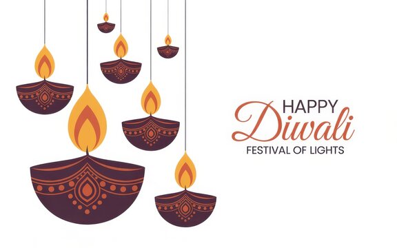 Happy diwali festival of lights with hanging diya isolated on white background