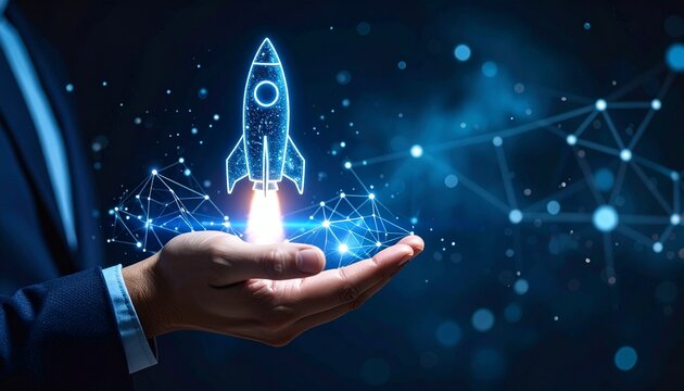 Hand holding a digital rocket launching amid network connections and glowing particles. Concept for new venture funding, corporate expansion strategy and innovative technology 
