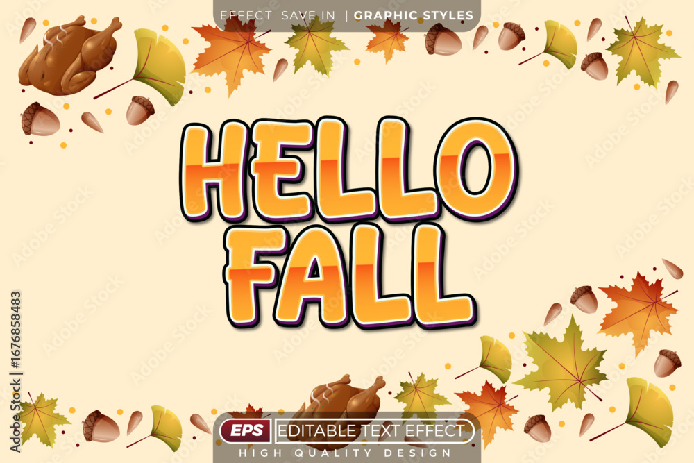 Poster editable 3d vector text effect hello fall with maple leaf for seasonal poster design
