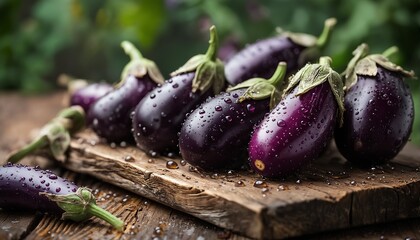 freshly harvested purple eggplants with water droplets rest on a rustic wooden board against a blurred green background.