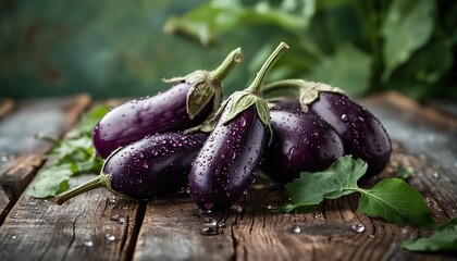 a cluster of freshly harvested, dew-covered eggplants rests on a weathered wooden surface with lush green foliage blurred in the background.
