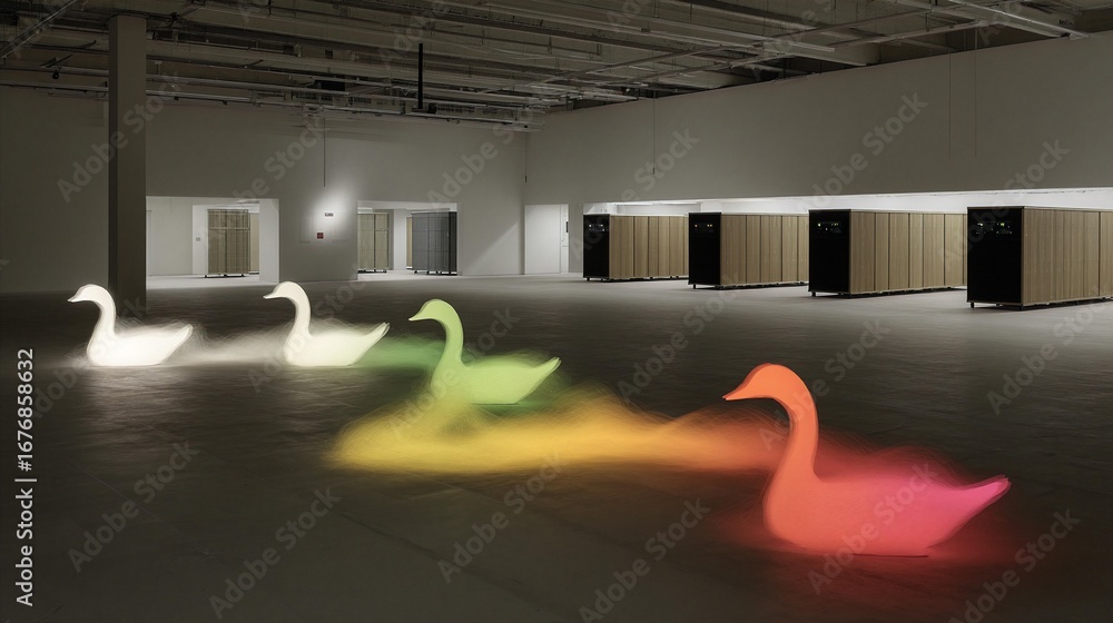 Poster four swans in various colors floating across a floor in an industrial setting