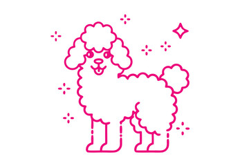 Outline Drawing of Cute Poodle Dog, Shiny Stars, Icon on White Background