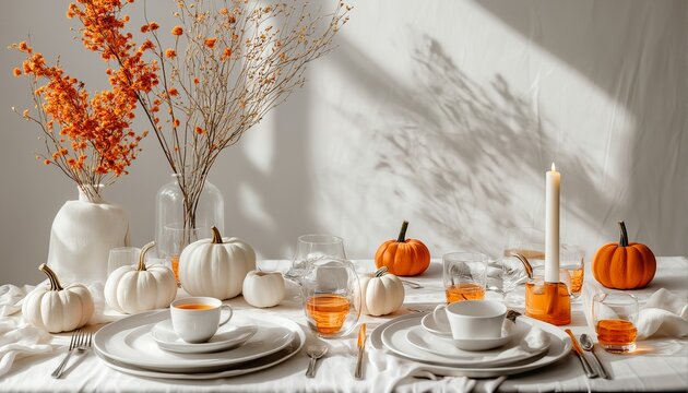 a warmly lit autumn tablescape features white pumpkins, dried floral arrangements, and elegant white dishware against a textured linen backdrop. - Powered by Adobe
