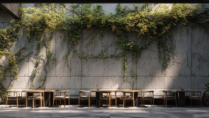 Obraz premium Outdoor cafe with concrete wall and greenery