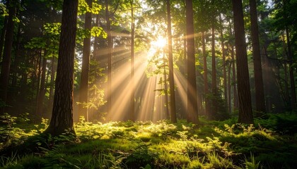 Golden sunbeams streaming through a tranquil forest canopy onto a lush green floor