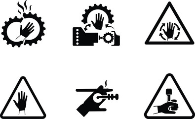 Hand Safety and Machinery Hazard Warning Icons Set – Industrial Gear, Pinch Point, Crushing and Injury Prevention Signs