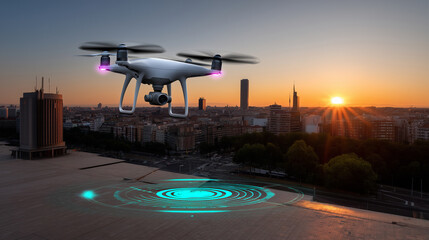 Wide-angle drone framed against the city sunset with bright neon interface projected in front.