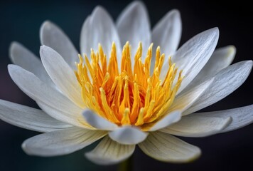 Fototapeta premium Close-up of a White Water Lily Flower with Bright Yellow Center on Dark Background