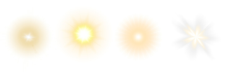 Collection of four unique golden and white sunburst and abstract light effects on a transparent background.