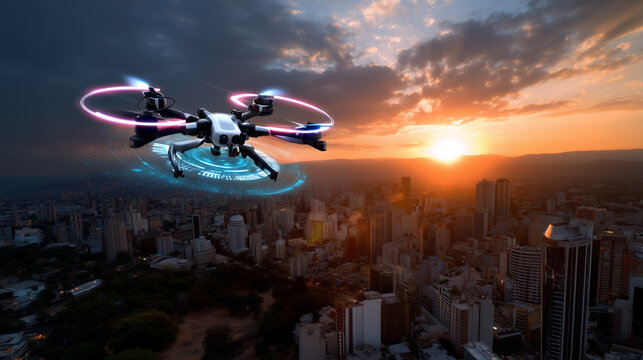 Wide-angle drone framed against the city sunset with bright neon interface projected in front.