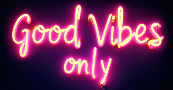 Bright pink neon sign displays positive message. Dark background emphasizes glowing script lettering, Good Vibes only. Simple, modern aesthetic.