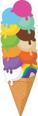 Colorful ice cream cone, tall scoop stack illustration, rainbow dessert vector art, multicolor waffle cone clipart, summer sweet treat design, vibrant food graphic element