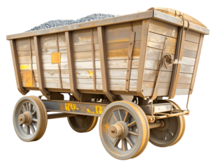 A full mining cart loaded with golden nuggets, isolated on a white background, a symbol of wealth and success in the mining industry.