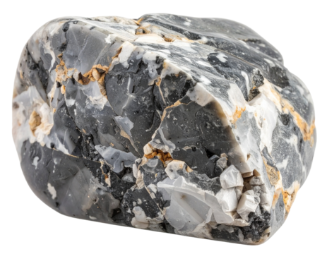 A textured, black mineral rock, isolated on a white background, symbolizing raw materials and the geological process.