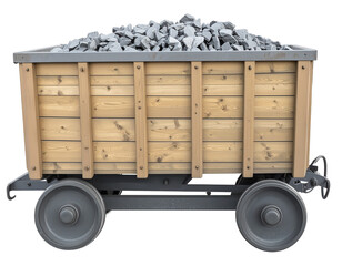 A detailed model of an old ore trolley, isolated on a white background, perfect for use in historical or industrial designs.