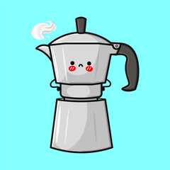 Cute cartoon moka pot with a sad face and steam coming out
