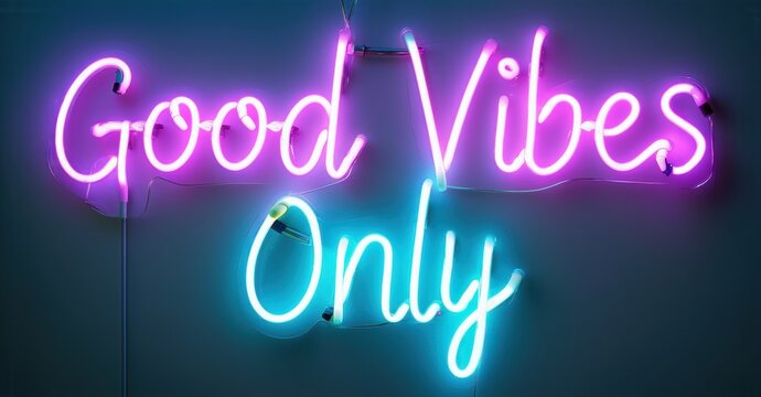 Bright neon sign displays positive message. Vivid pink, blue hues illuminate dark background. Inspiring words create cheerful atmosphere.