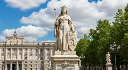 Obraz premium Statue of Queen Sancha of Leon with the Royal Palace of Madrid Behind